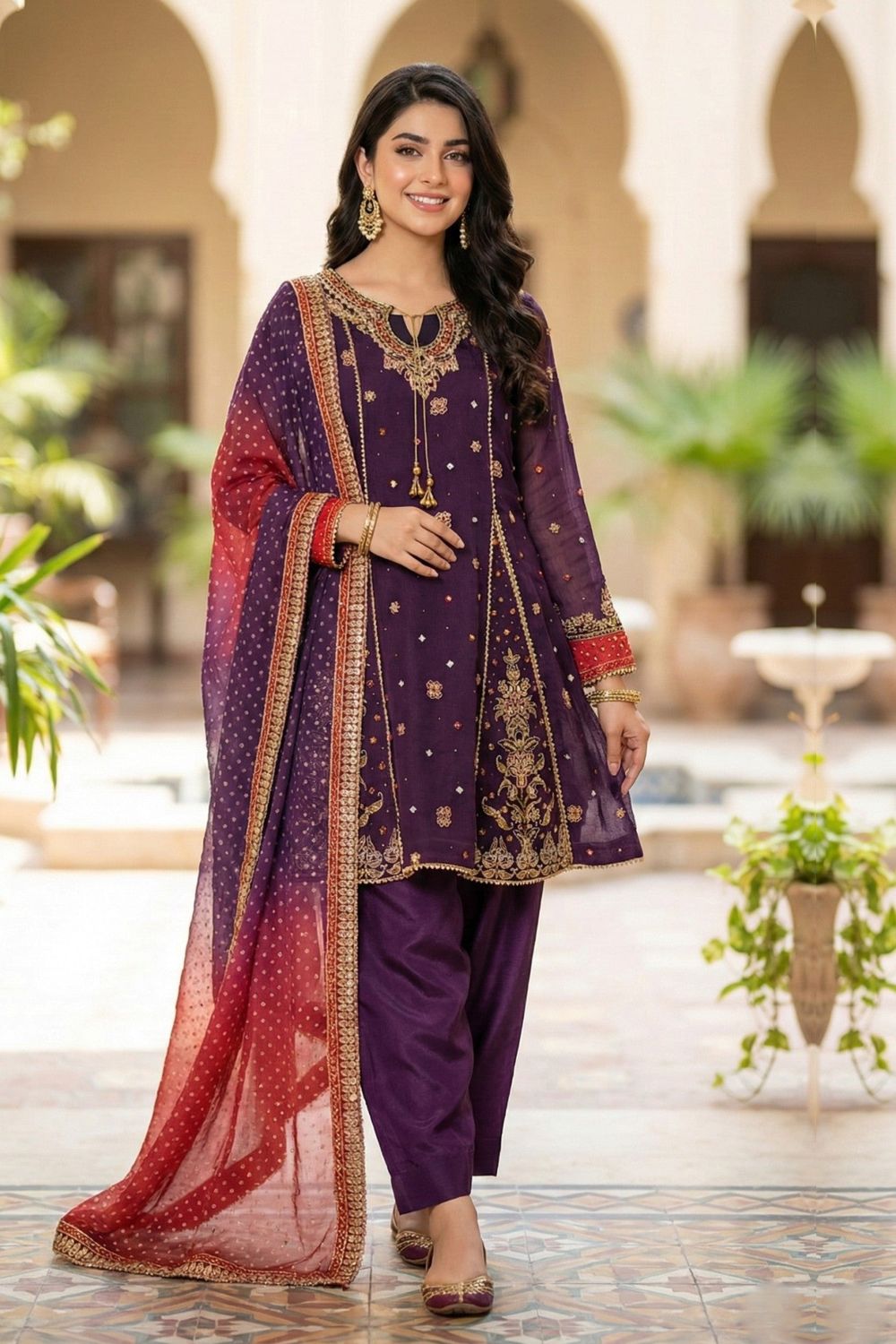 Plum Embroidered Khaddi Net Festive Suit Online in Dubai UAE Abudhabi Ajman Sharjah