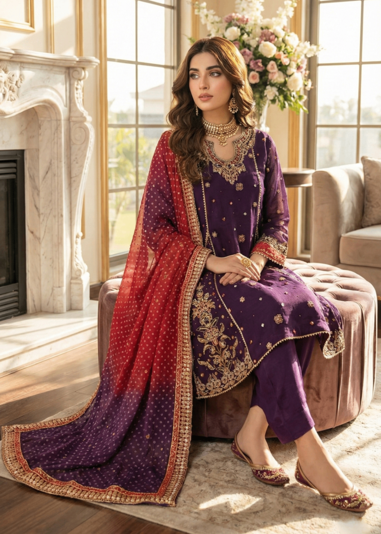 Plum Embroidered Khaddi Net Partywear Dress Online in Dubai DXB UAE Abudhabi Meena Bazaar