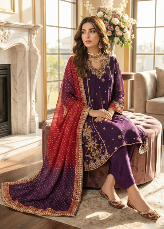 Plum Embroidered Khaddi Net Partywear Dress Online in Dubai DXB UAE Abudhabi Meena Bazaar