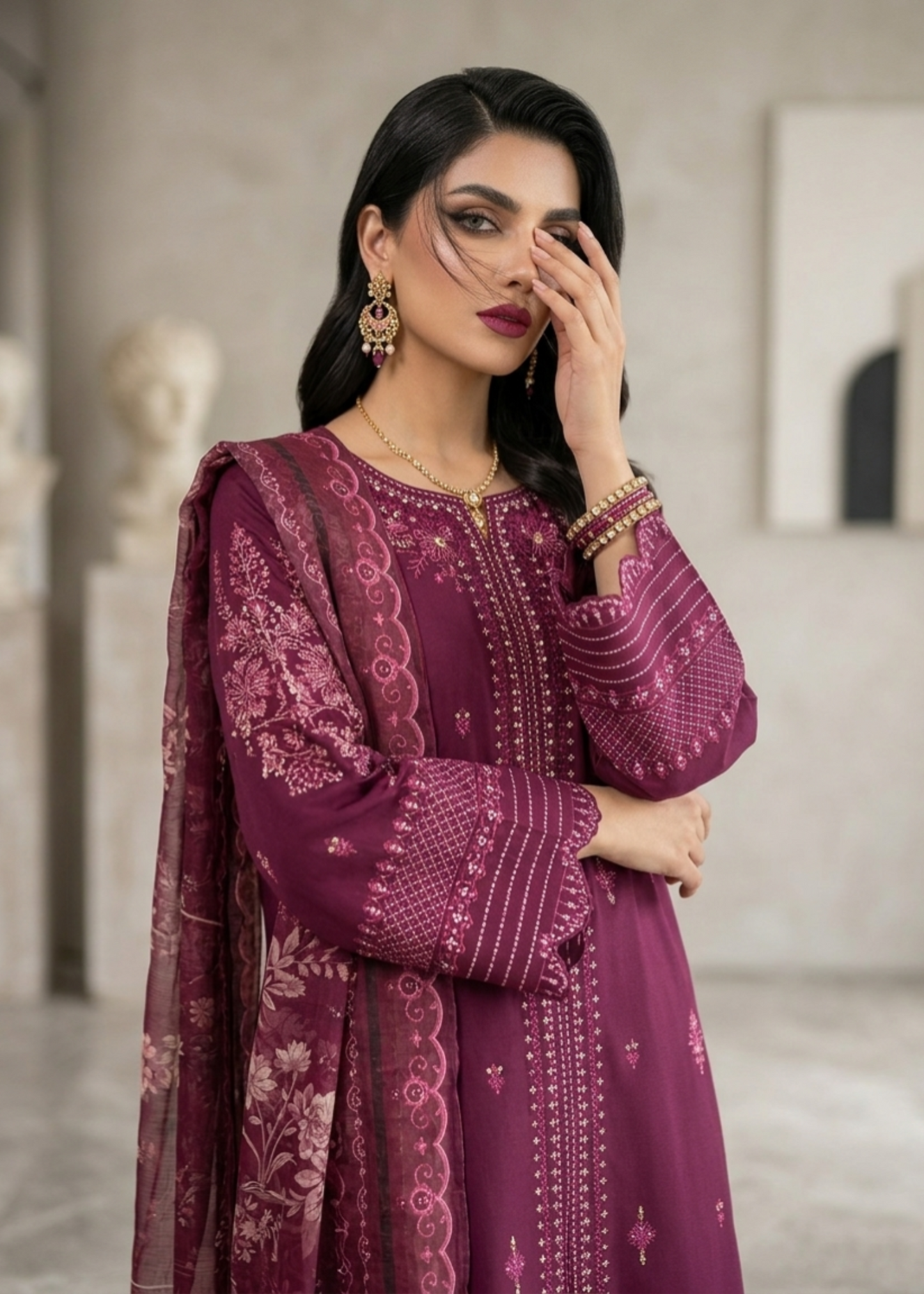Plum Embroidered Lawn Festive Suit Online in Sri Lanka India Australia