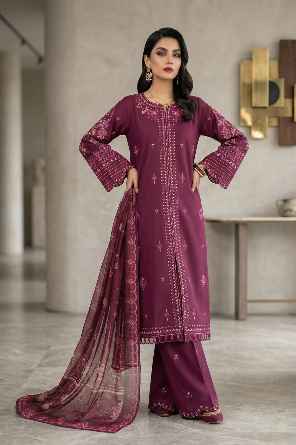 Plum Embroidered Lawn Pakistani Suit Online in Dubai UAE Abudhabi Ajman Sharjah