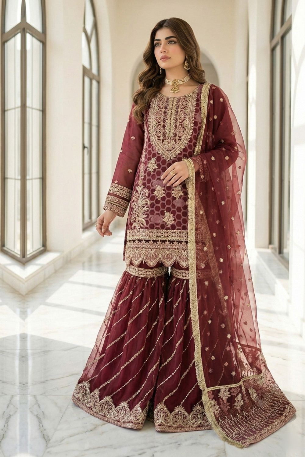 Plum Embroidered Organza Festive Wear Suit Online in Dubai UAE Abudhabi Ajman Sharjah