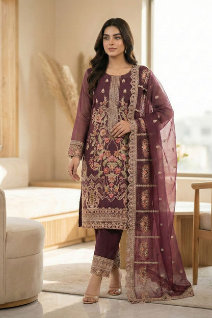 Plum Embroidered Organza Partywear Suit Online in Dubai UAE Abudhabi Ajman Sharjah