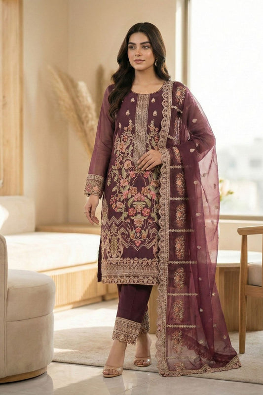 Plum Embroidered Organza Partywear Suit Online in Dubai UAE Abudhabi Ajman Sharjah