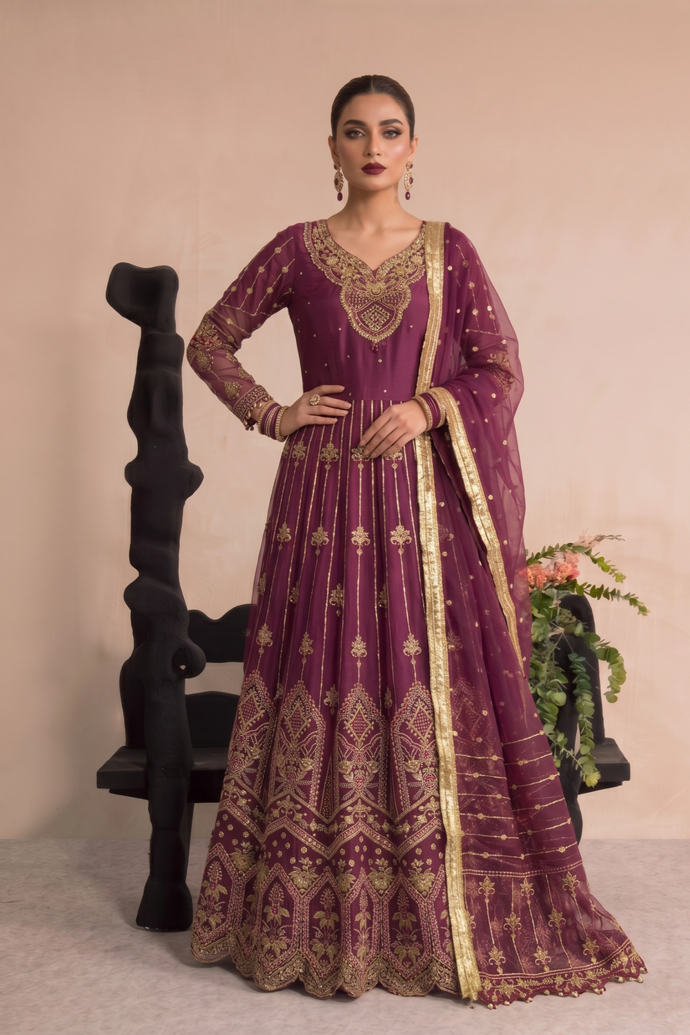 Plum Embroidered Organza Salwar Kameez Online in Dubai UAE Abudhabi Ajman Sharjah
