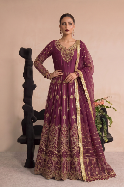 Plum Embroidered Organza Salwar Kameez Online in Dubai UAE Abudhabi Ajman Sharjah