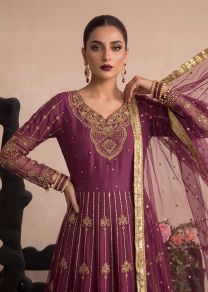 Plum Embroidered Organza Salwar Suit Online in Dubai DXB UAE Abudhabi Meena Bazaar