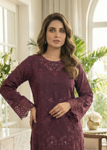 Plum Embroidered Organza Three Piece Suit Online in Dubai DXB UAE Abudhabi Meena Bazaar
