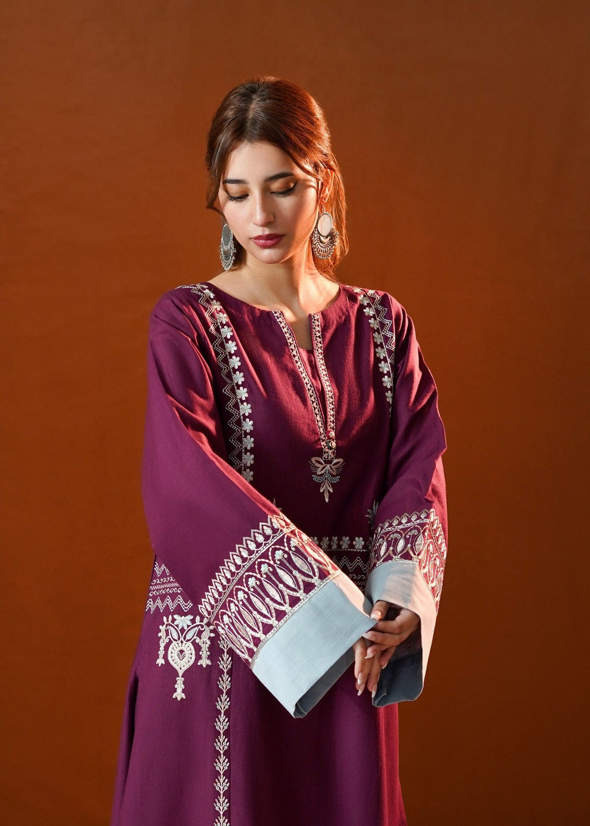 Plum Embroidered Slub Khaddar Kaftan for Ladies Online in UK USA Canada