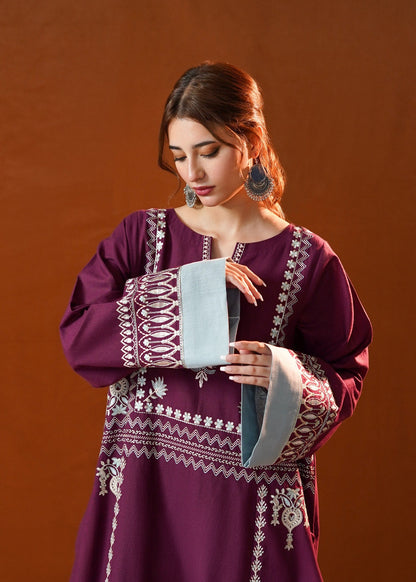Plum Embroidered Slub Khaddar Kaftan Online in Dubai DXB UAE Abudhabi Meena Bazaar