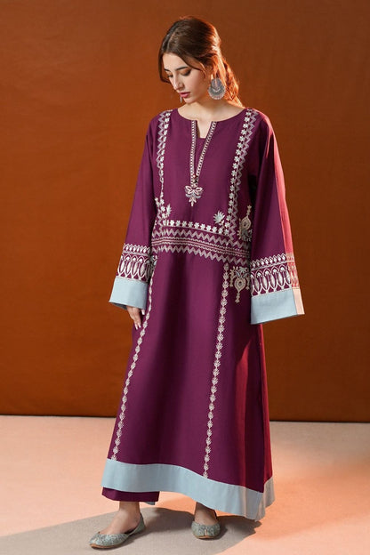 Plum Embroidered Slub Khaddar Kaftan Online in Dubai UAE Abudhabi Ajman Sharjah