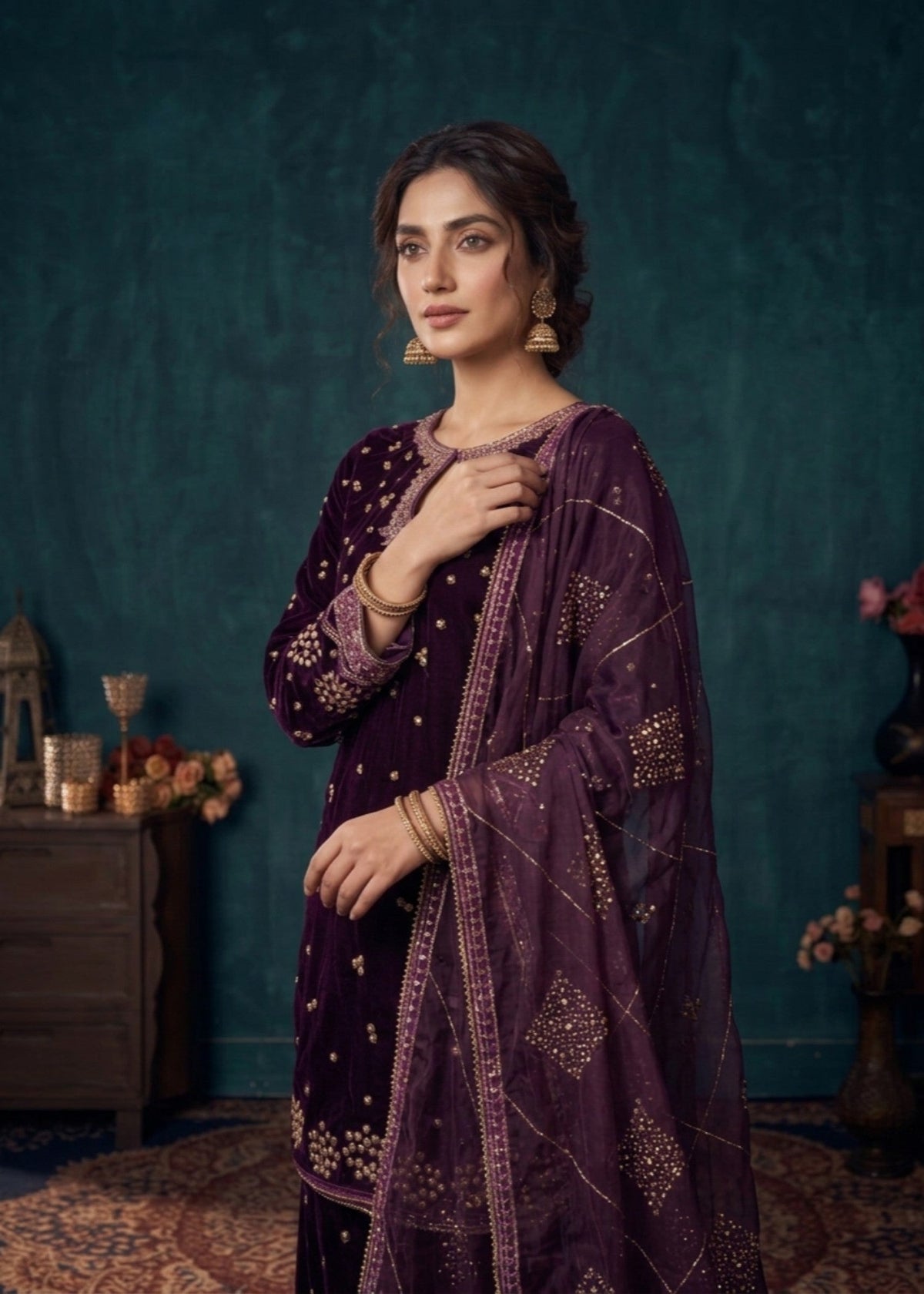 Plum Embroidered Velvet Festive Suit Online in UK USA Canada