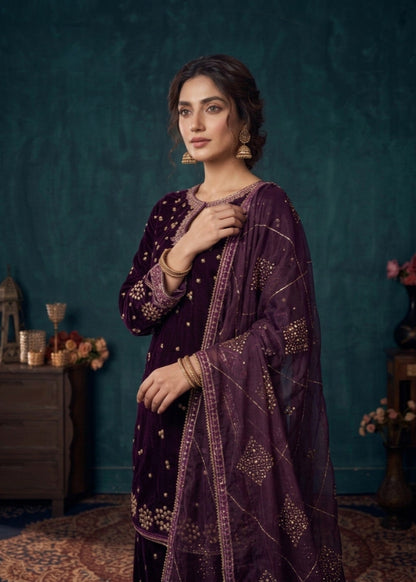 Plum Embroidered Velvet Festive Suit Online in UK USA Canada
