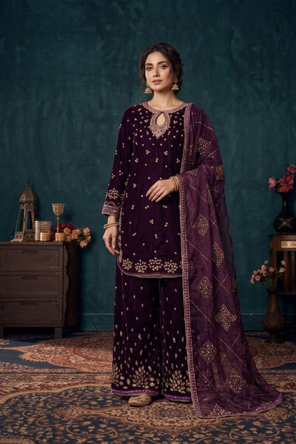 Plum Embroidered Velvet Pakistani Suit Online in Dubai UAE Abudhabi Ajman Sharjah