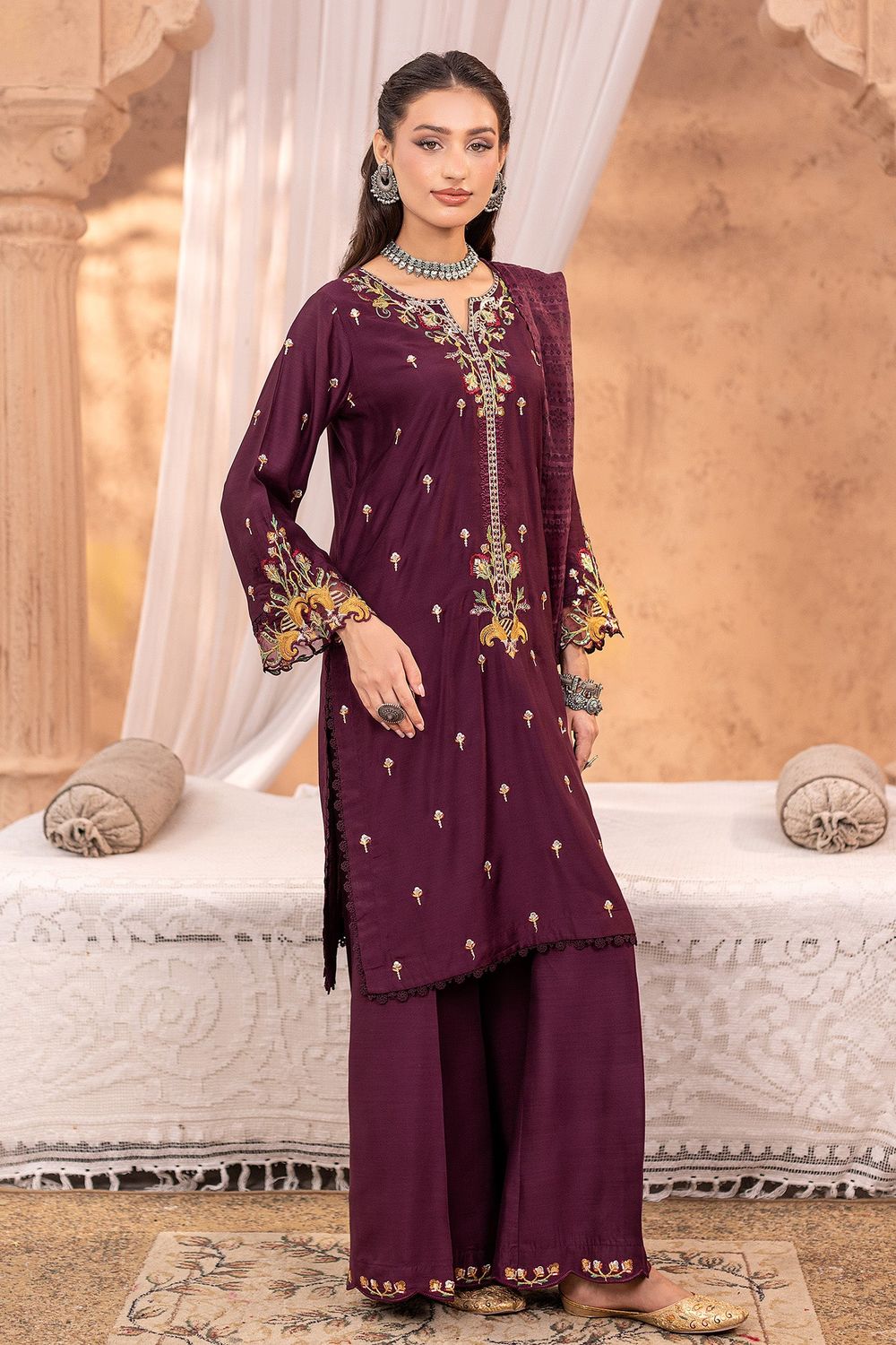 Plum Embroidered Viscose Pakistani Suit Online in Dubai UAE Abudhabi Ajman Sharjah