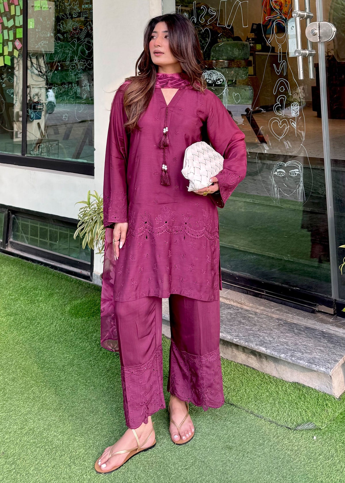 Plum Embroidered Viscose Raw Silk Pakistani Suit Online in Dubai DXB UAE Abudhabi Meena Bazaar