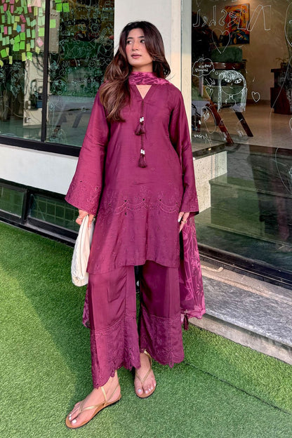 Plum Embroidered Viscose Raw Silk Suit Online in Dubai UAE Abudhabi Ajman Sharjah