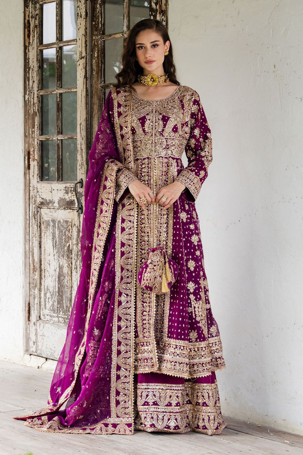 Plum Gold Embroidered Chiffon Wedding Guest Suit Online in Dubai UAE Abudhabi Ajman Sharjah