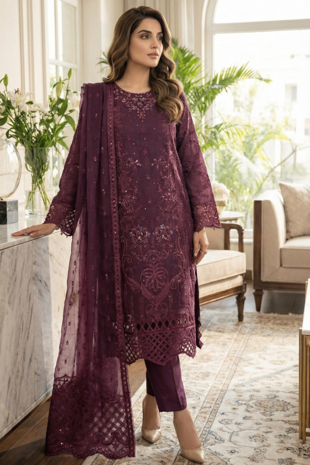 Plum Hand Embellished Organza Salwar Kameez Online in Dubai UAE Abudhabi Ajman Sharjah