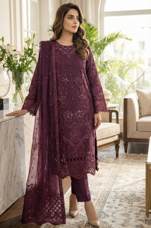 Plum Hand Embellished Organza Salwar Kameez Online in Dubai UAE Abudhabi Ajman Sharjah