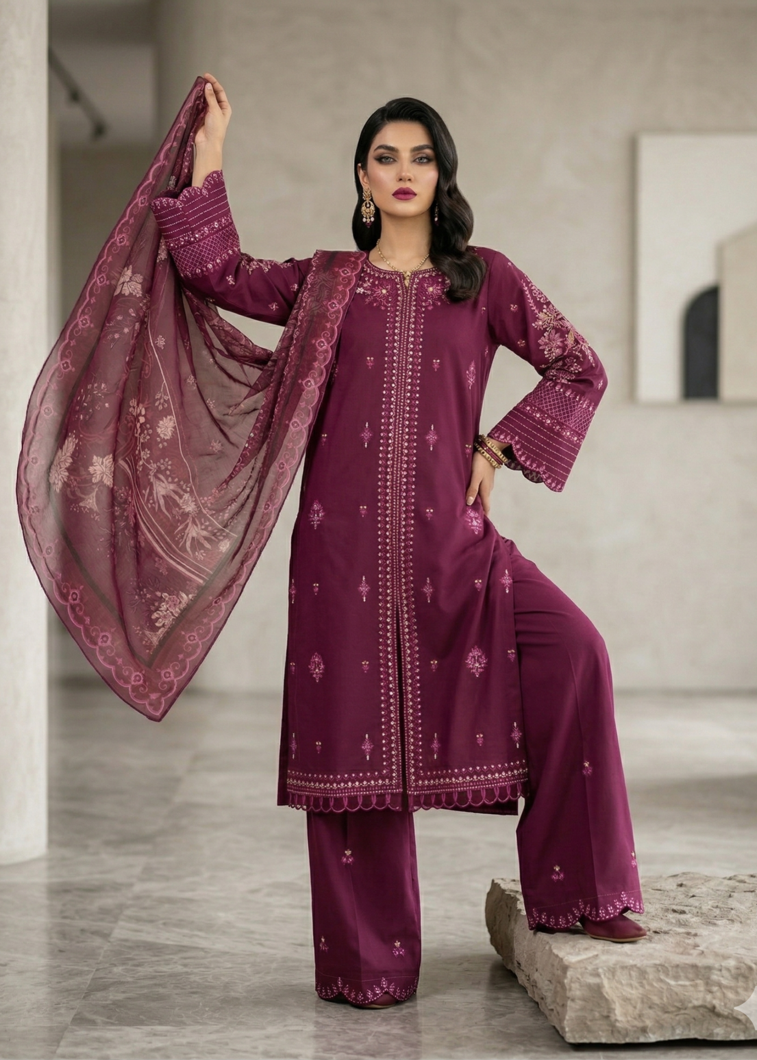 Plum Lawn Embroidered Designer Suit Online in Dubai DXB UAE Abudhabi Meena Bazaar