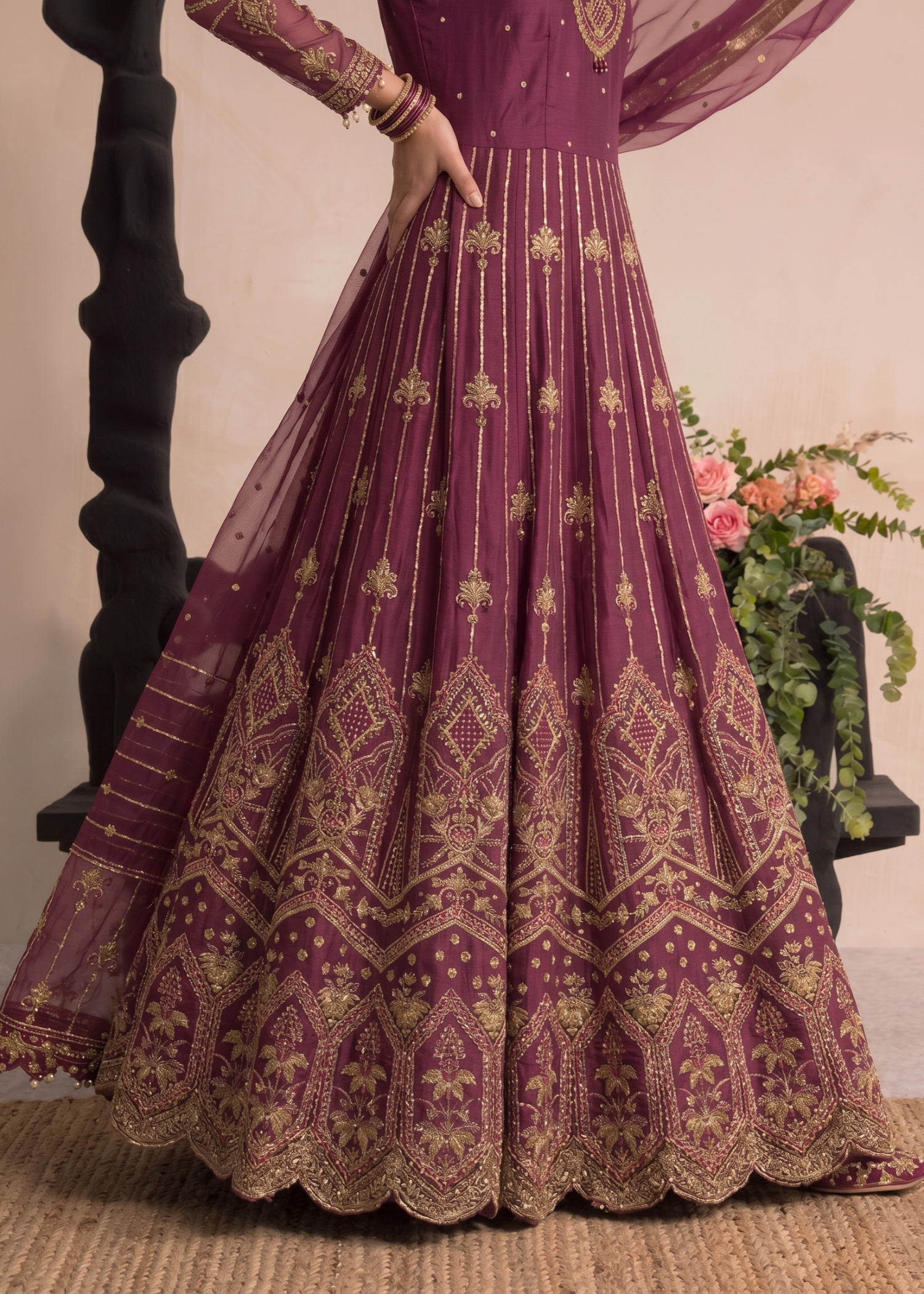 Plum Organza Embroidered Dress Material Online in KSA Riyadh Saudi Arabia Oman Bahrain Qatar