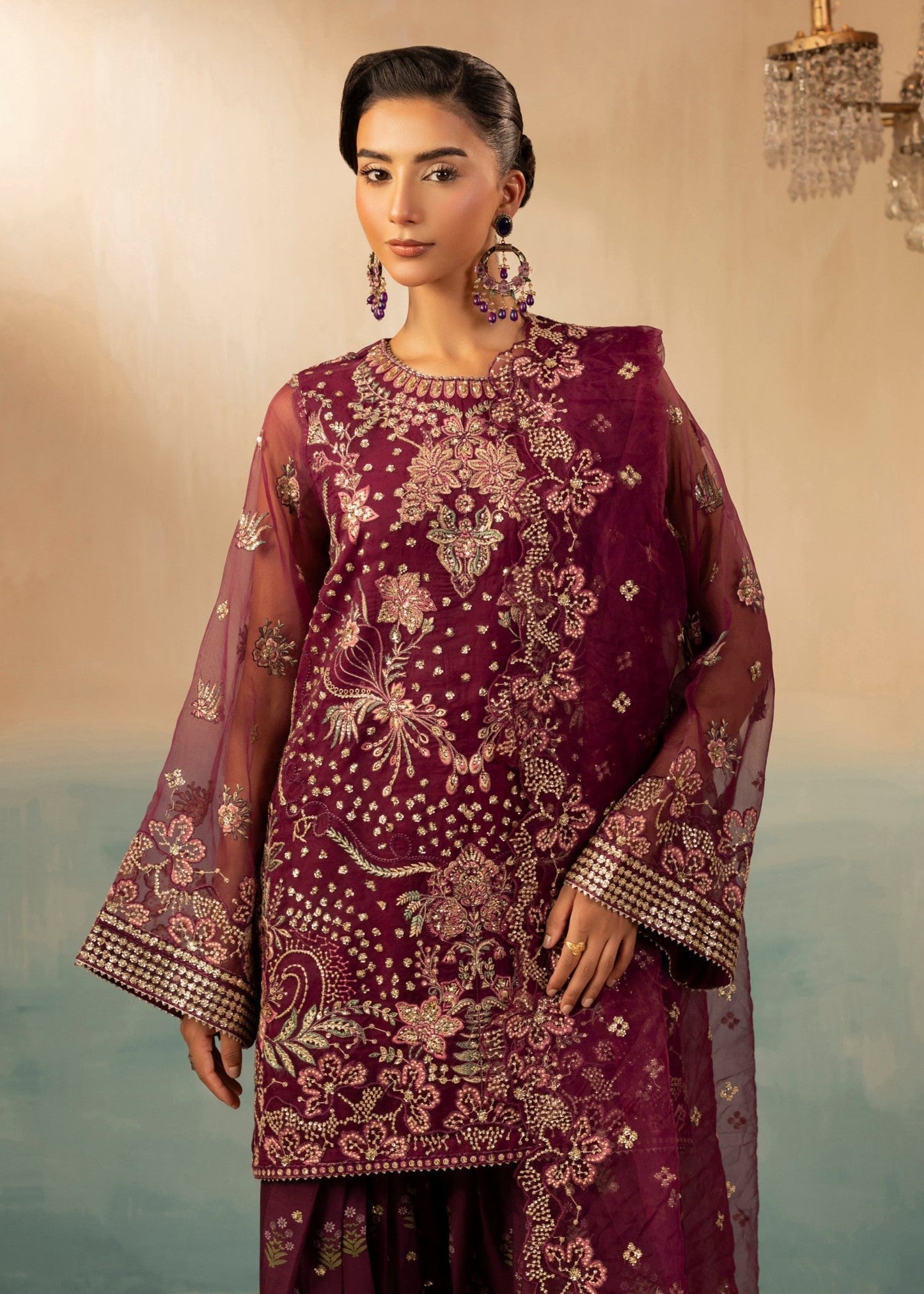 Plum Organza Embroidered Farshi Shalwar Outfit Online in Dubai UAE Abudhabi Ajman Sharjah