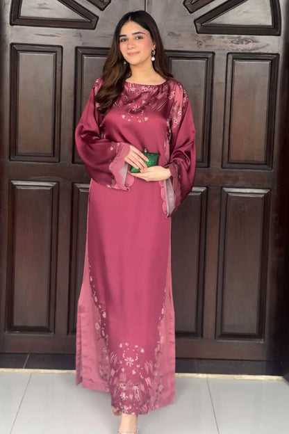 Plum Printed Satin Silk Kaftan Online in Dubai UAE Abudhabi Ajman Sharjah