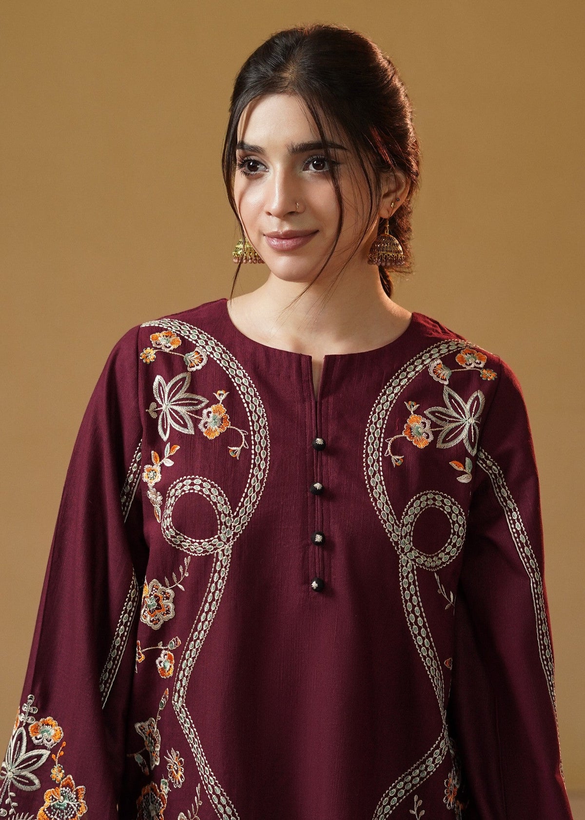 Plum Purple Embroidered Slub Khaddar Kurta Set Online in UK USA Canada