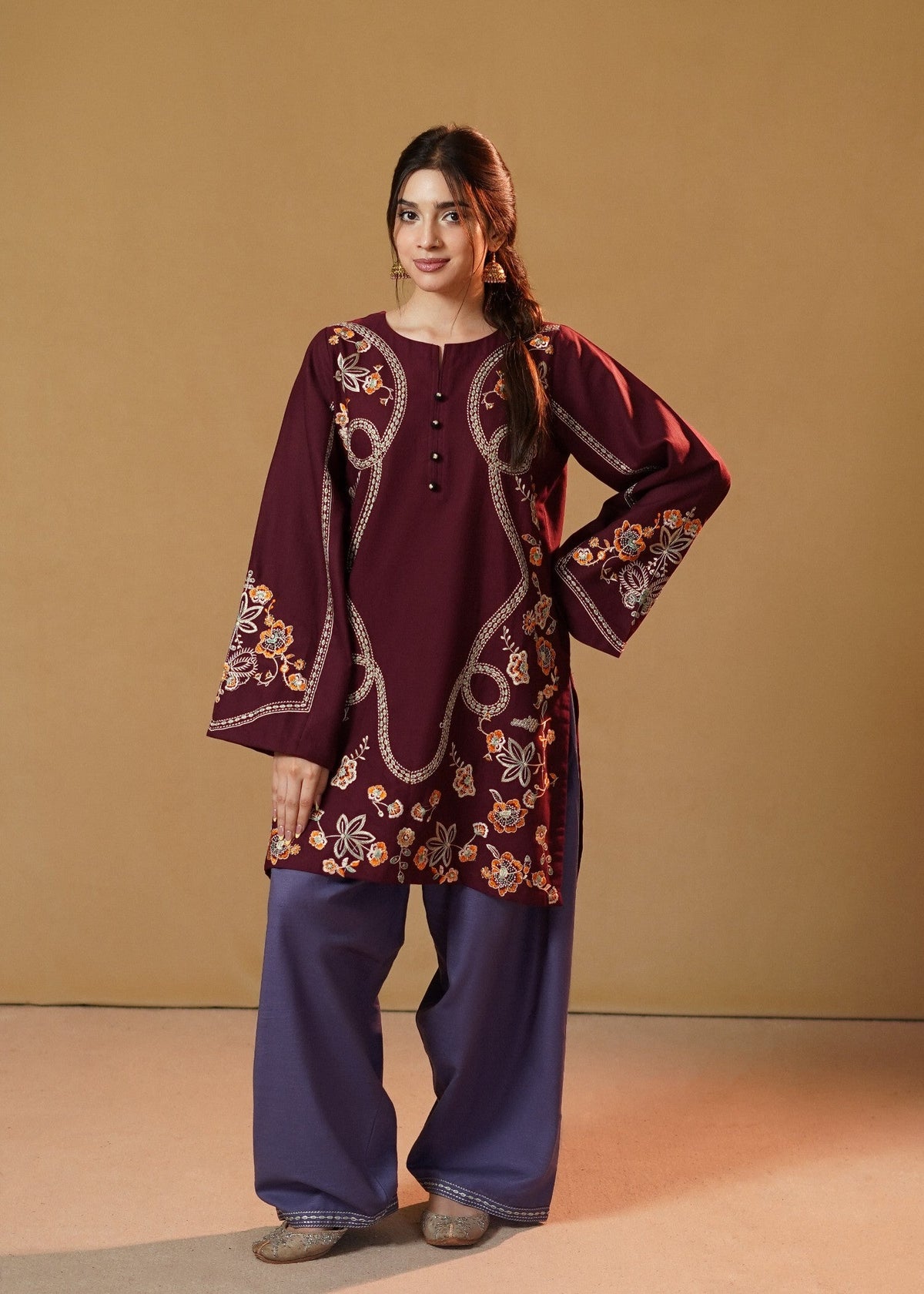 Plum Purple Embroidered Slub Khaddar Pakistani Kurta Set Online in Dubai UAE Abudhabi Ajman Sharjah