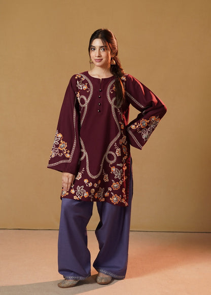 Plum Purple Embroidered Slub Khaddar Pakistani Kurta Set Online in Dubai UAE Abudhabi Ajman Sharjah