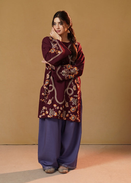 Plum Purple Embroidered Slub Khaddar Pakistani Kurta Set Online in KSA Riyadh Saudi Arabia Oman Bahrain Qatar