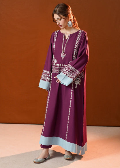 Plum Slub Khaddar Kaftan Pakistani Designer Suits Online in Dubai UAE Abudhabi Ajman Sharjah