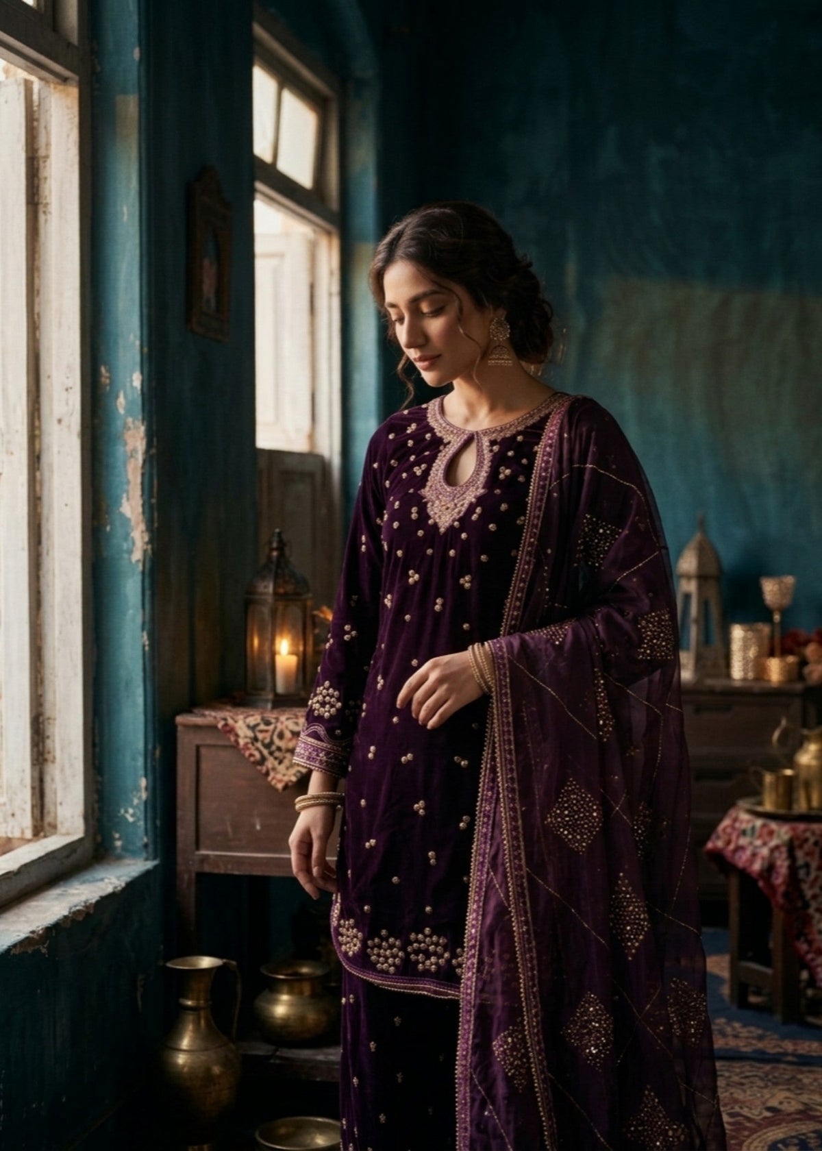 Plum Velvet Straight Trouser Suit Online in Dubai UAE Abudhabi Ajman Sharjah