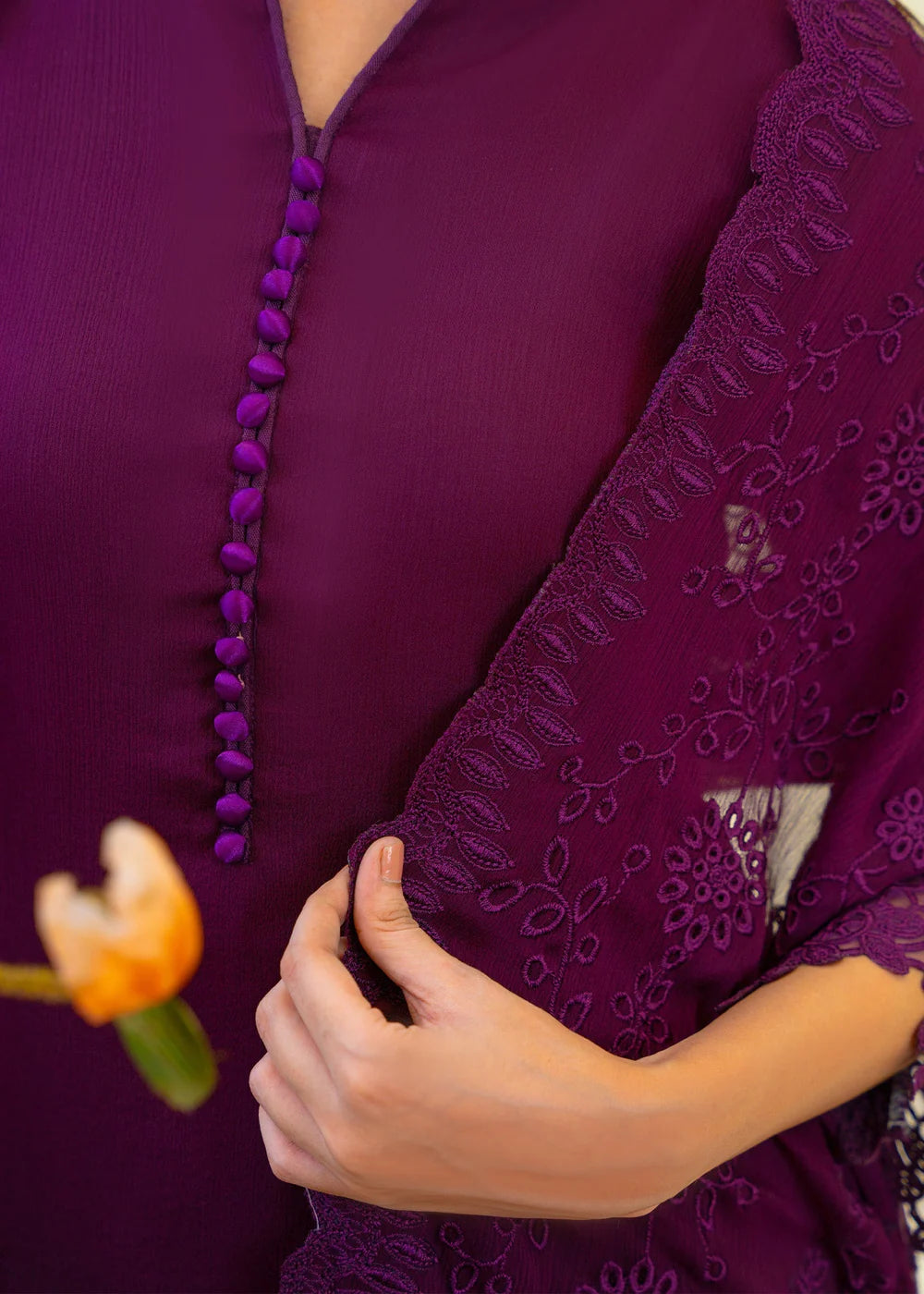 Plum Purple Chiffon Partywear Suit with Chikankari Embroidered Dupatta