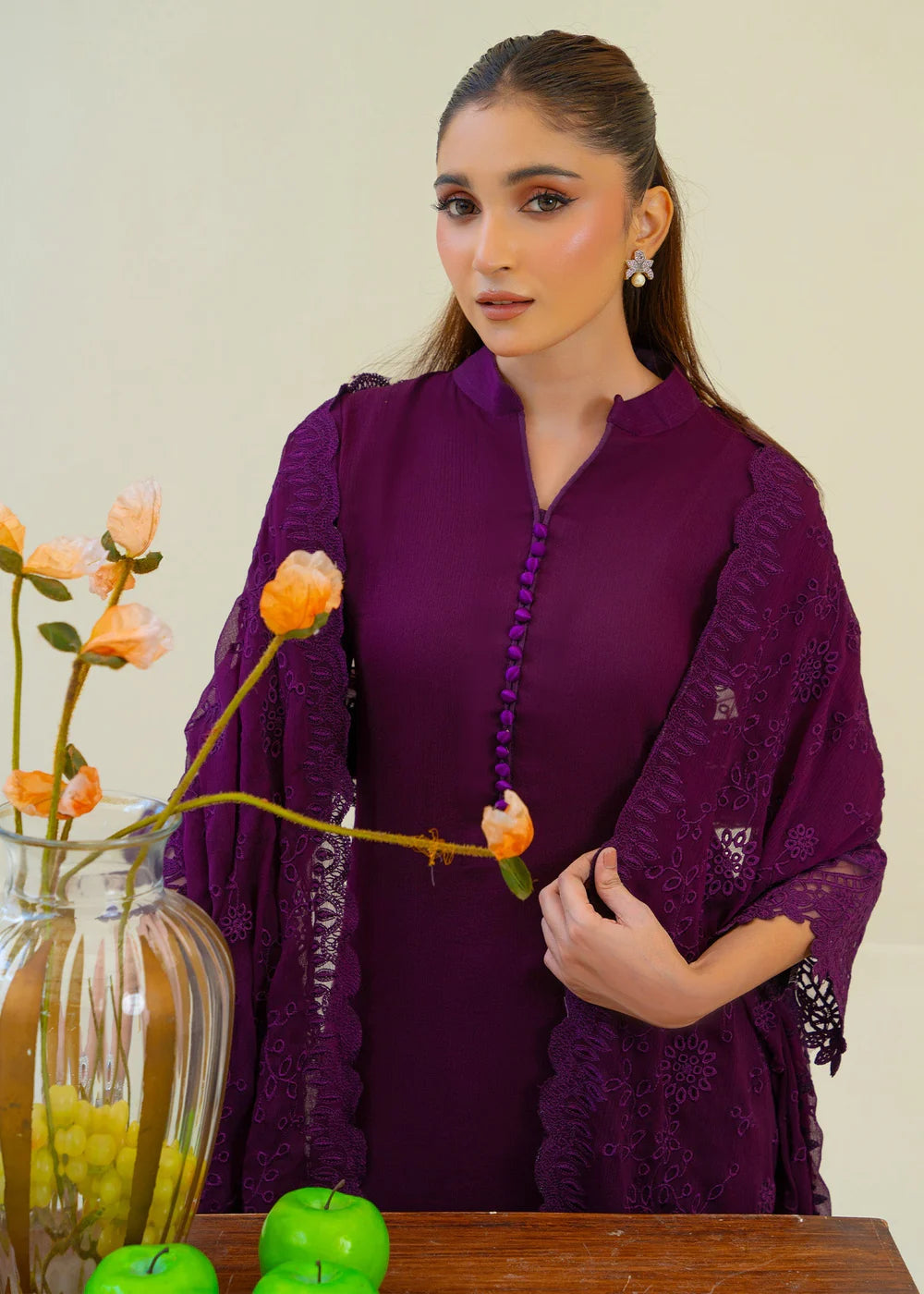 Plum Purple Chiffon Partywear Suit with Chikankari Embroidered Dupatta