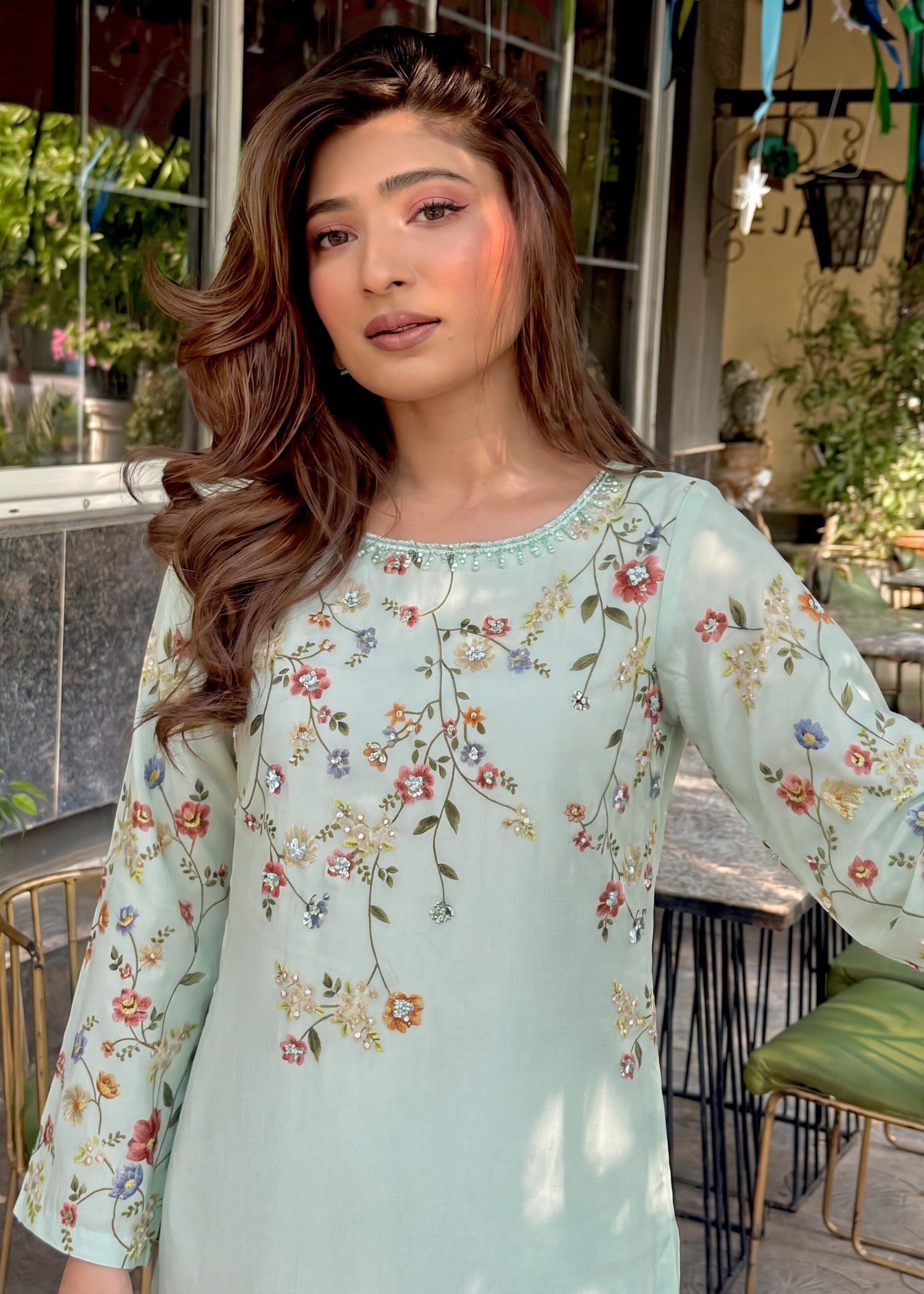 Poly Silk Light Cyan Embellished Kaftan Online in Sri Lanka India Australia