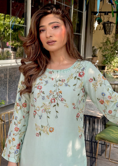 Poly Silk Light Cyan Embellished Kaftan Online in Sri Lanka India Australia