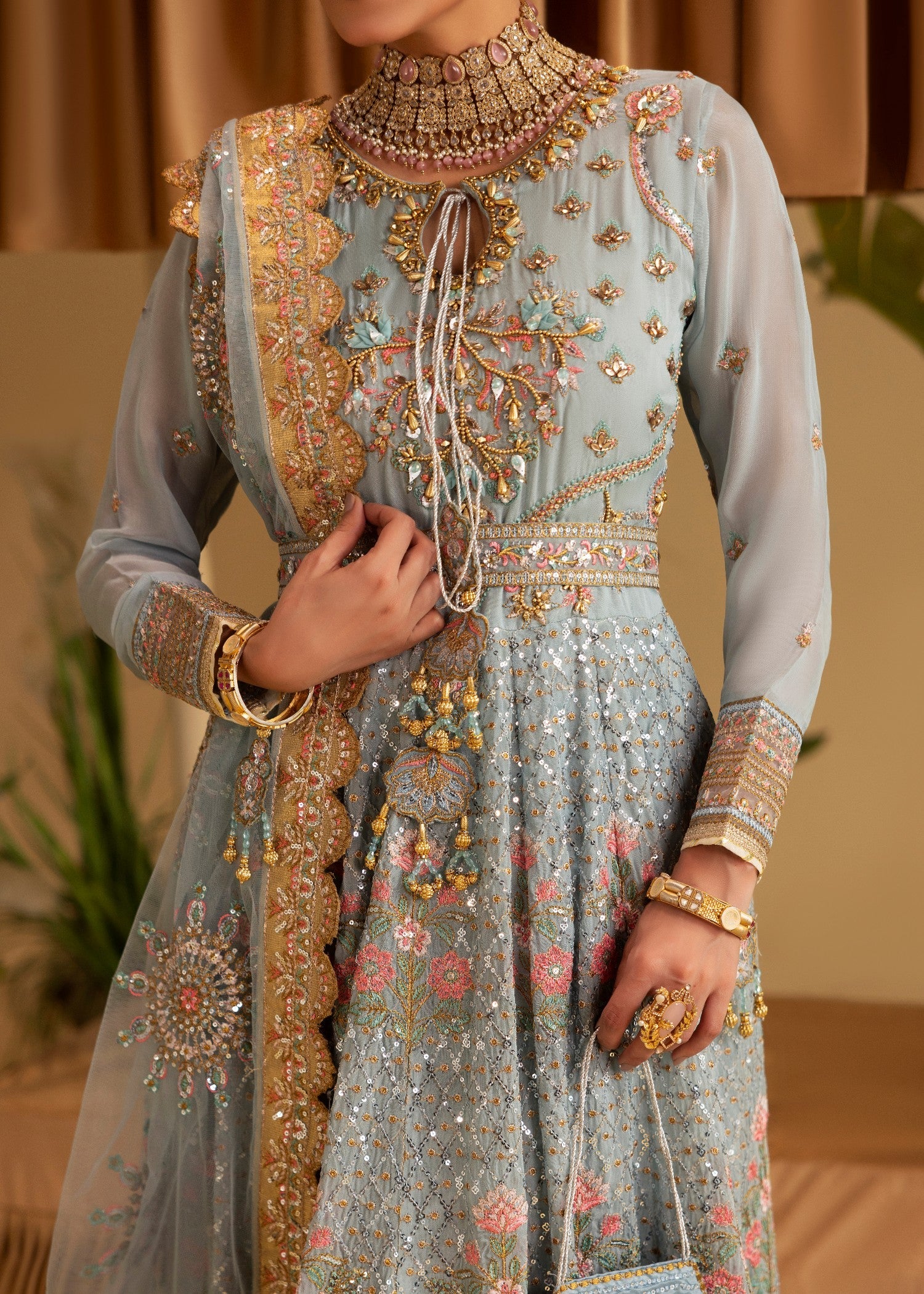 Powder Blue Embellished Chiffon Readymade Suit Online in Dubai DXB UAE Abudhabi Meena Bazaar