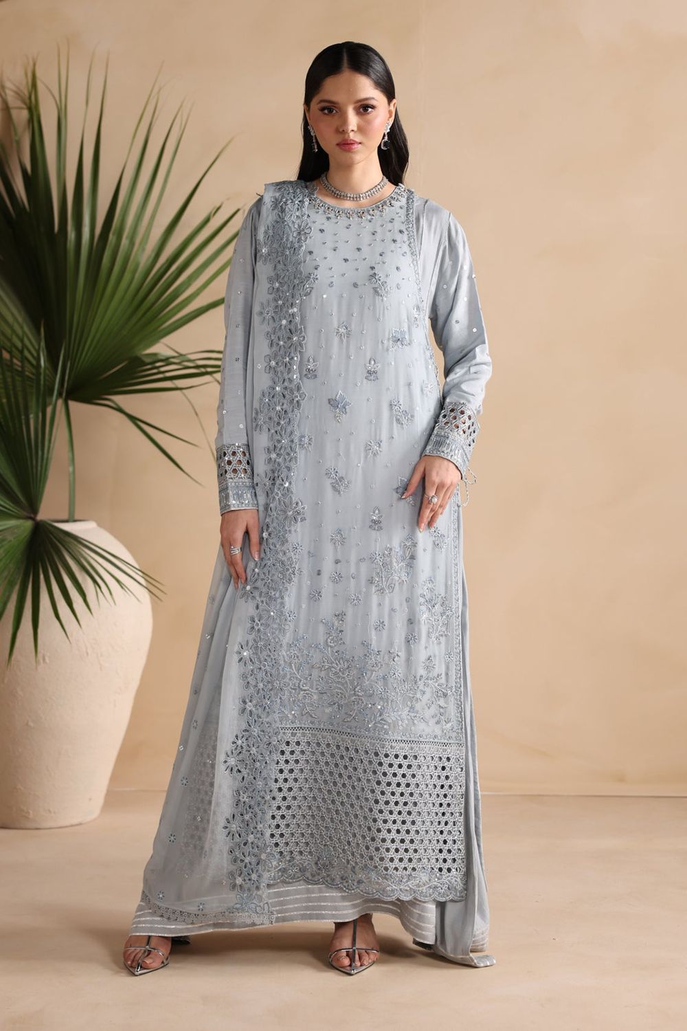 Powder Blue Embroidered Chiffon Salwar Kameez Online in Dubai UAE Abudhabi Ajman Sharjah