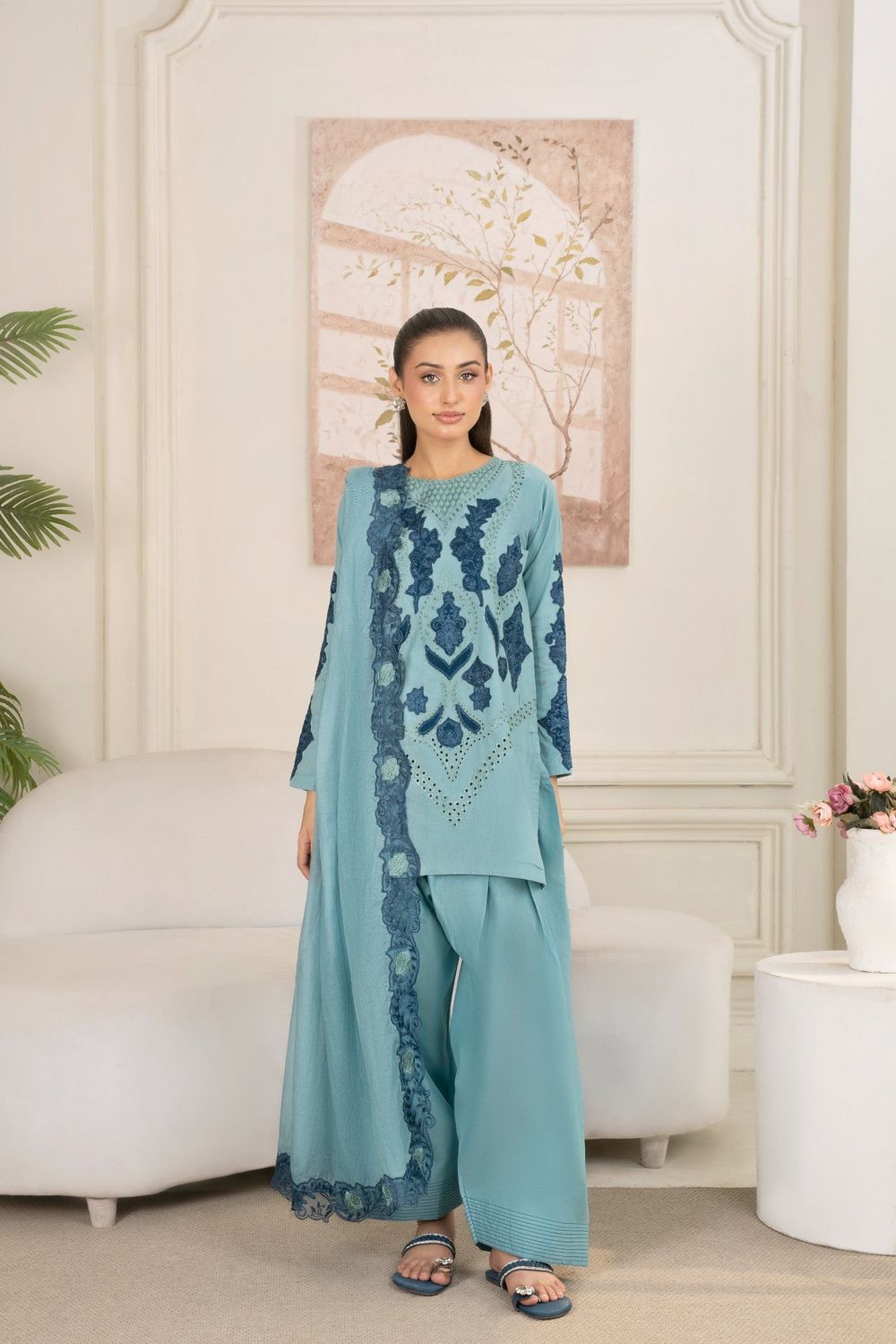 Powder Blue Embroidered Cotton Shalwar Kameez Online in Dubai UAE Abudhabi Ajman Sharjah