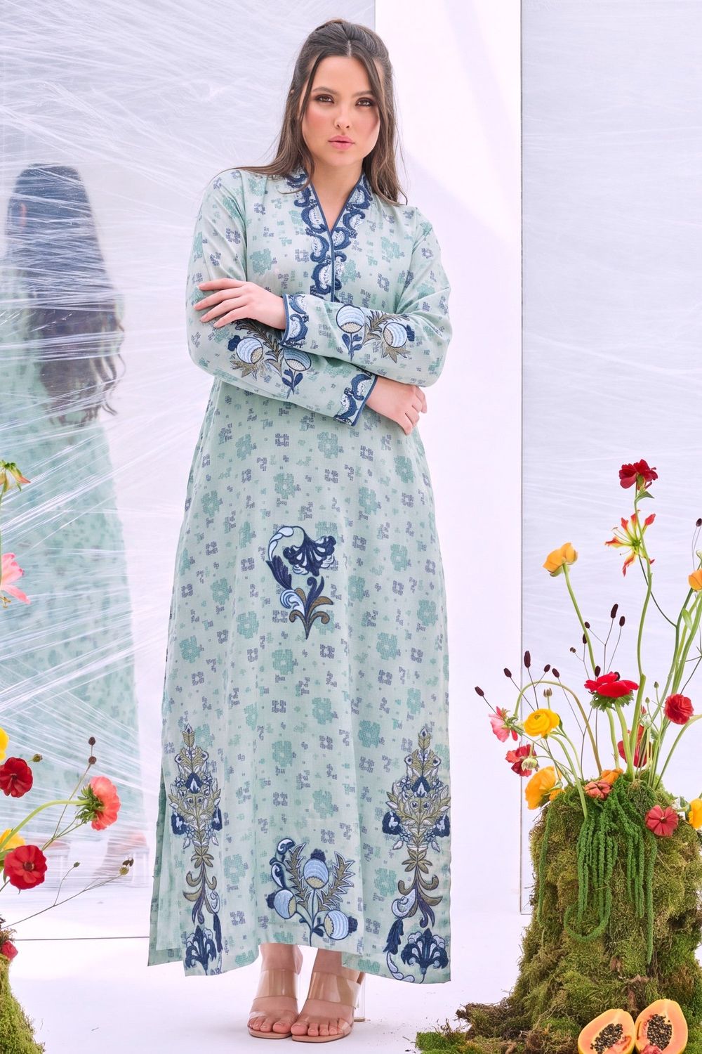 Powder Blue Embroidered Khaddar Kaftan Online in Dubai UAE Abudhabi Ajman Sharjah