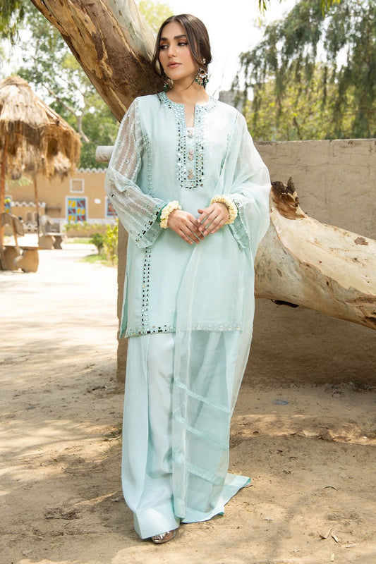 Powder Blue Embroidered Organza Farshi Shalwar Suit Online in Dubai UAE Abudhabi Ajman Sharjah
