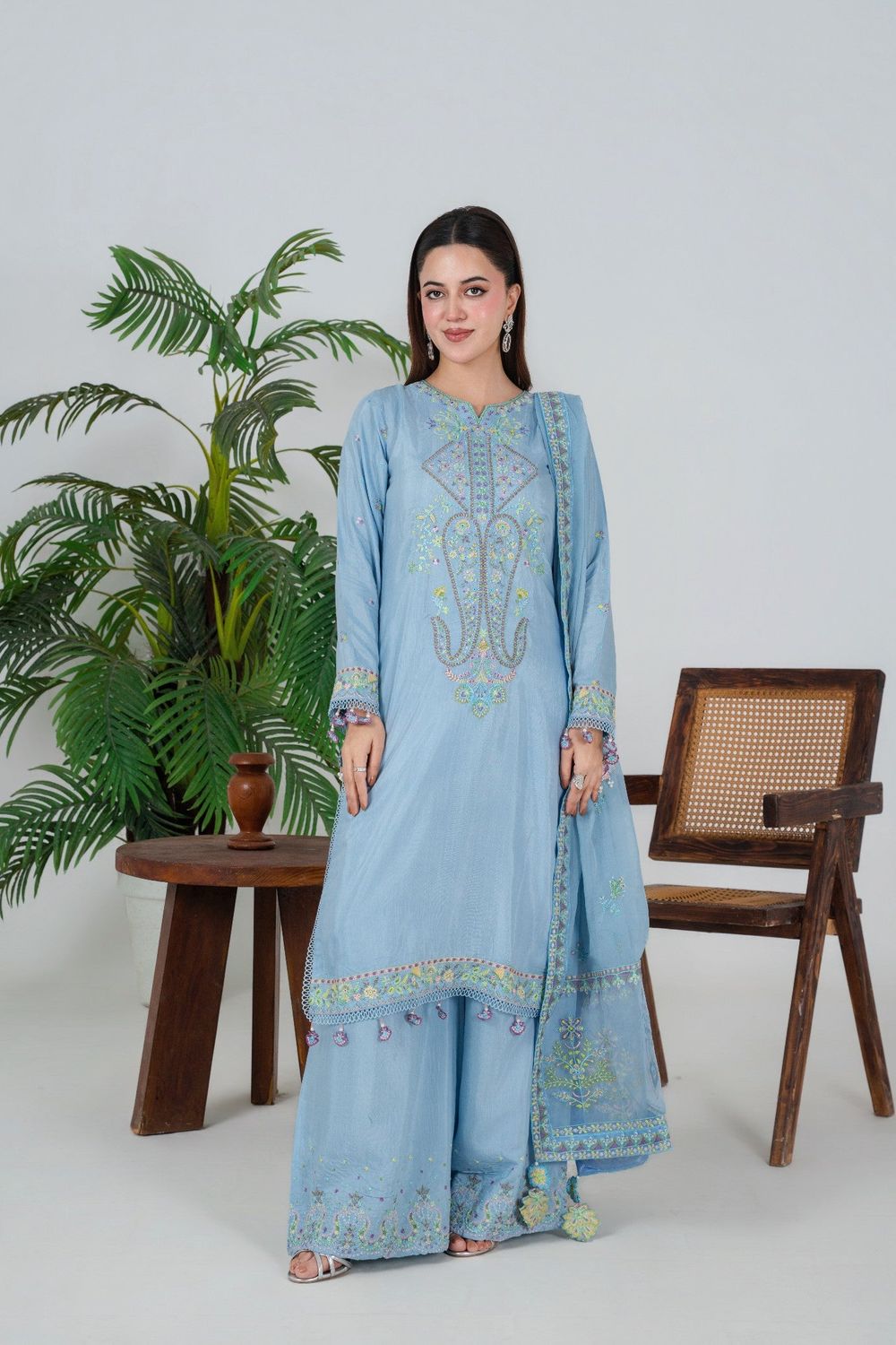 Powder Blue Embroidered Silk Salwar Suit Online in Dubai UAE Abudhabi Ajman Sharjah