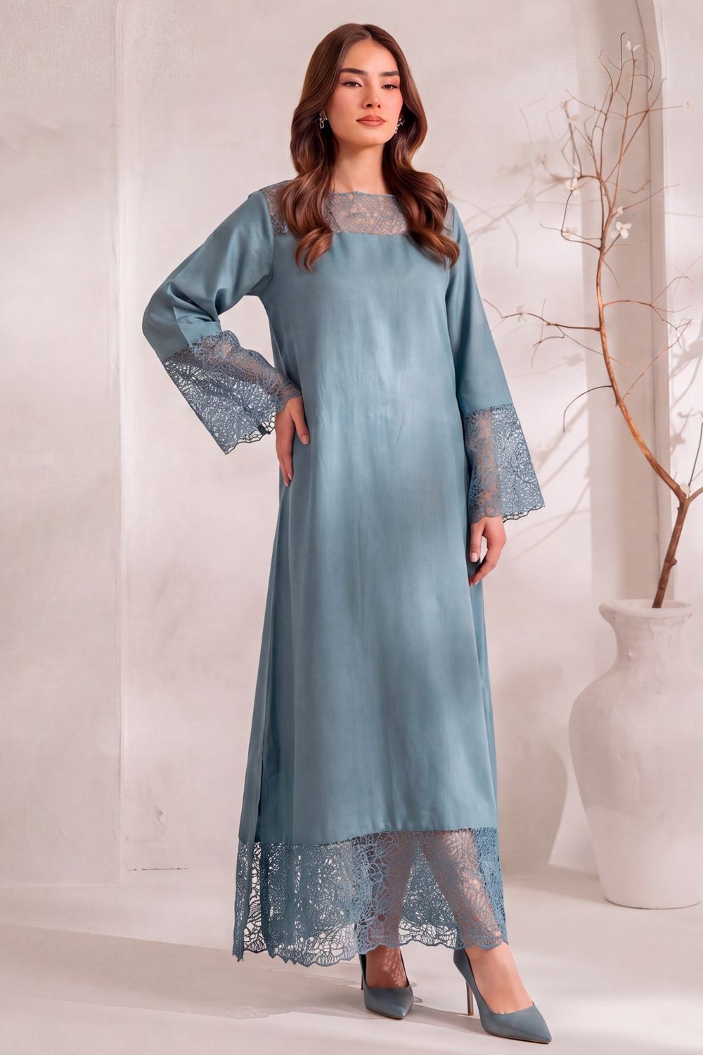 Powder Blue Patchwork Dhanak Kaftan Online in Dubai UAE Abudhabi Ajman Sharjah