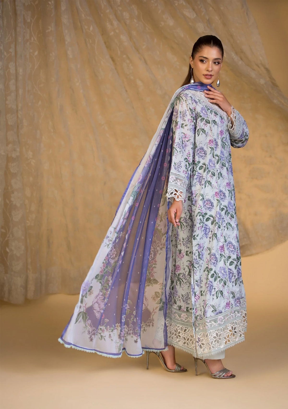 Powder Blue Printed Khaddar Unstitched Suit Online in Sri Lanka India Australia