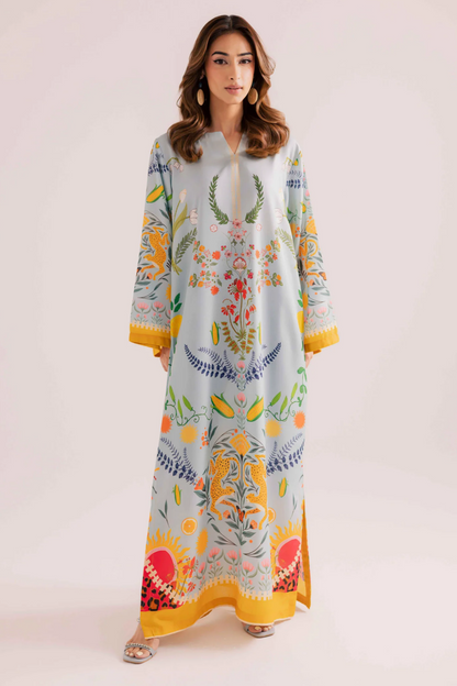 Powder Blue Printed Raw Silk Kaftan Online in Dubai UAE Abudhabi Ajman Sharjah