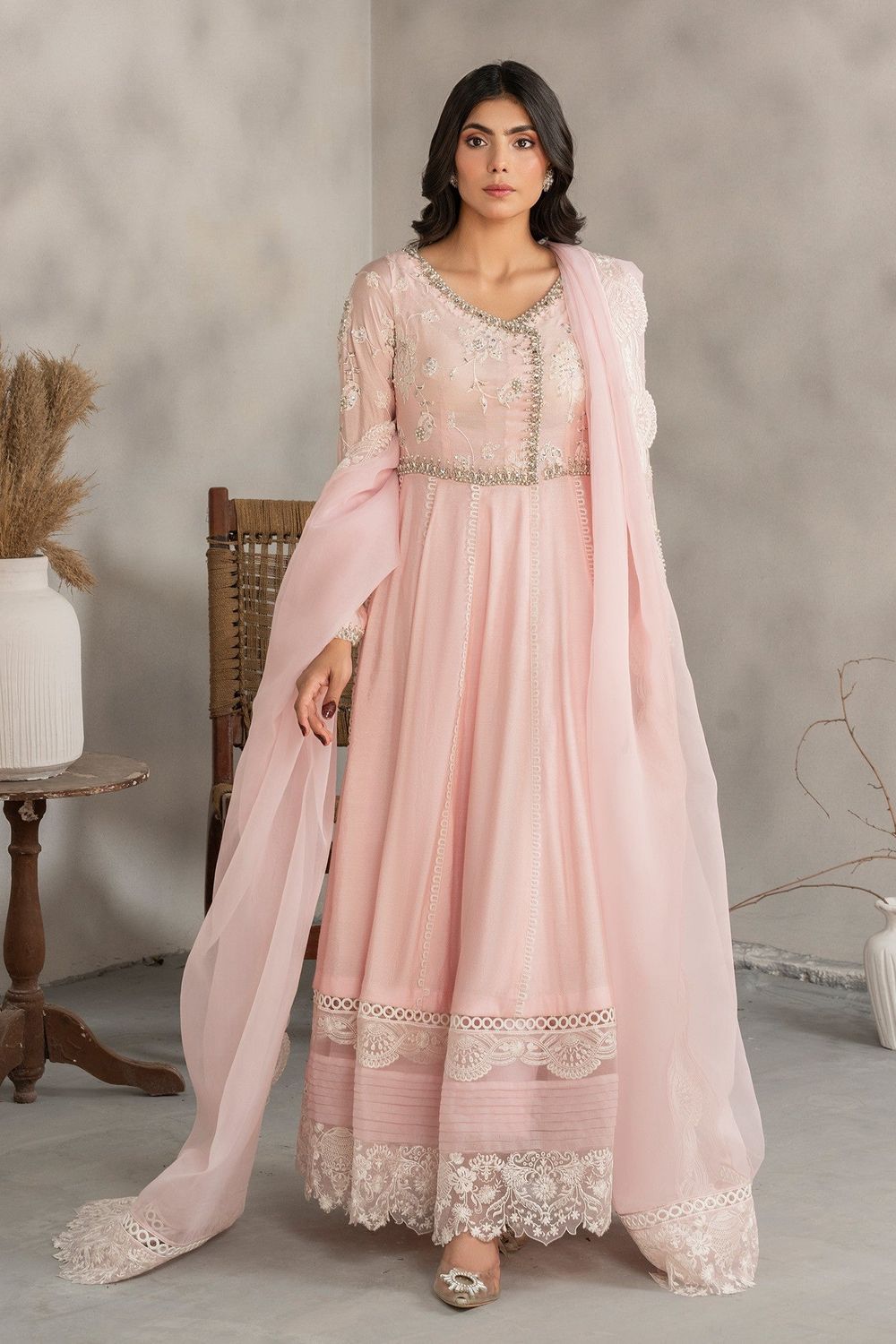 Powder Pink Embroidered Cotton Silk Pishwas Suit Online in Dubai UAE Abudhabi Ajman Sharjah