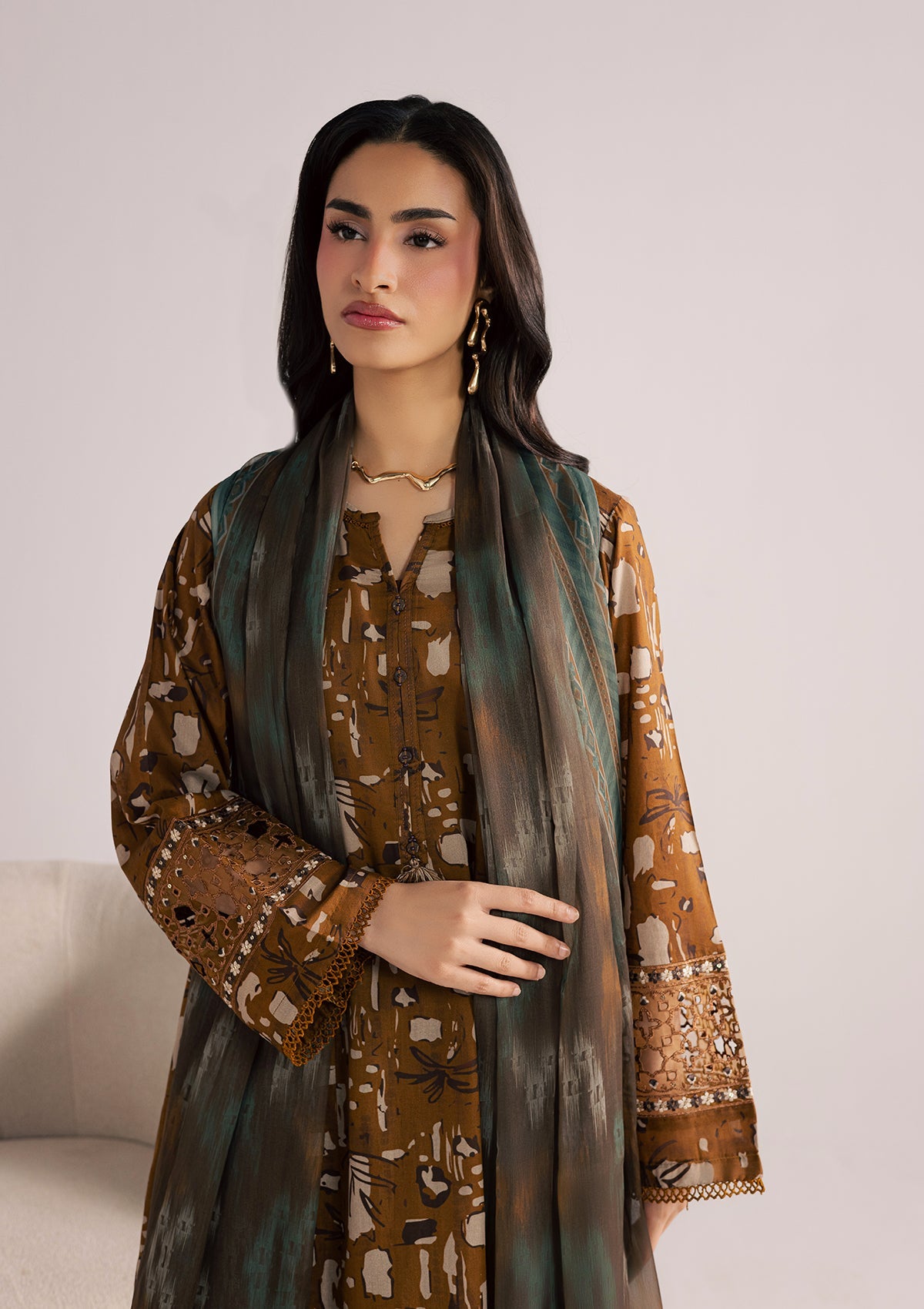 Premium Lawn Kurta Set Caramel Brown Online in UK USA Canada