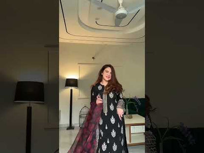 Black Embroidered Viscose Raw Silk Kurta Set with Dupatta